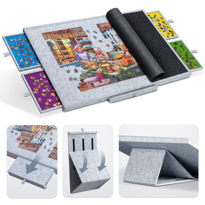 Tektalk Jigsaw Puzzle Table with Integrated Adjustable Stand/Bracket, 3-Tilting-Angle Super Lightweight Felt Puzzle Plateau Board with Cover & 4 Sorting Drawers, for Up to 1500 Pieces - Light Gray
