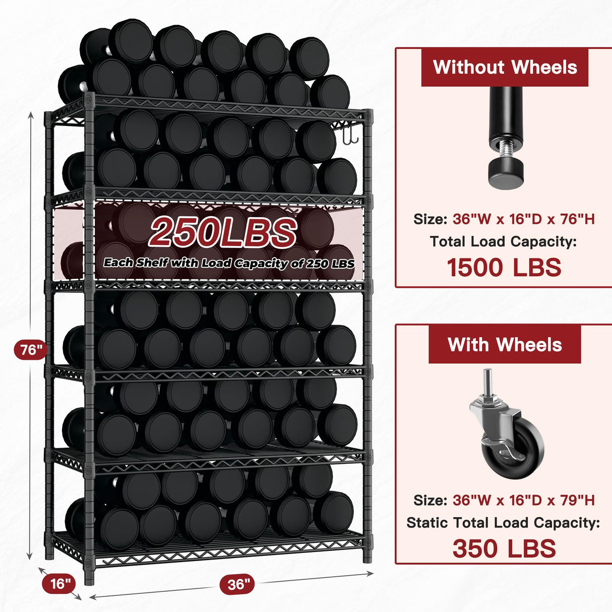 PrimeZone 6 Tier Wire Shelving with Wheels 79''H 1500lbs Storage Shelves NSF Certified Heavy Duty Steel Metal Shelf Adjustable Rolling Rack Kitchen Garage Closet Pantry Laundry 79''HX36''WX16''D PrimeZone