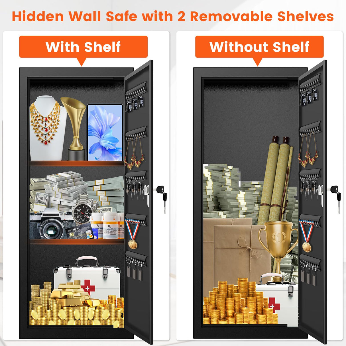 31.5" Tall Wall Safes Between the Studs with 2 Removable Shelf, Lockable Hidden Safe Box with 50 Hooks for Keys Jewellery, in Wall Safe for Money Medicines Valuables GUVELI
