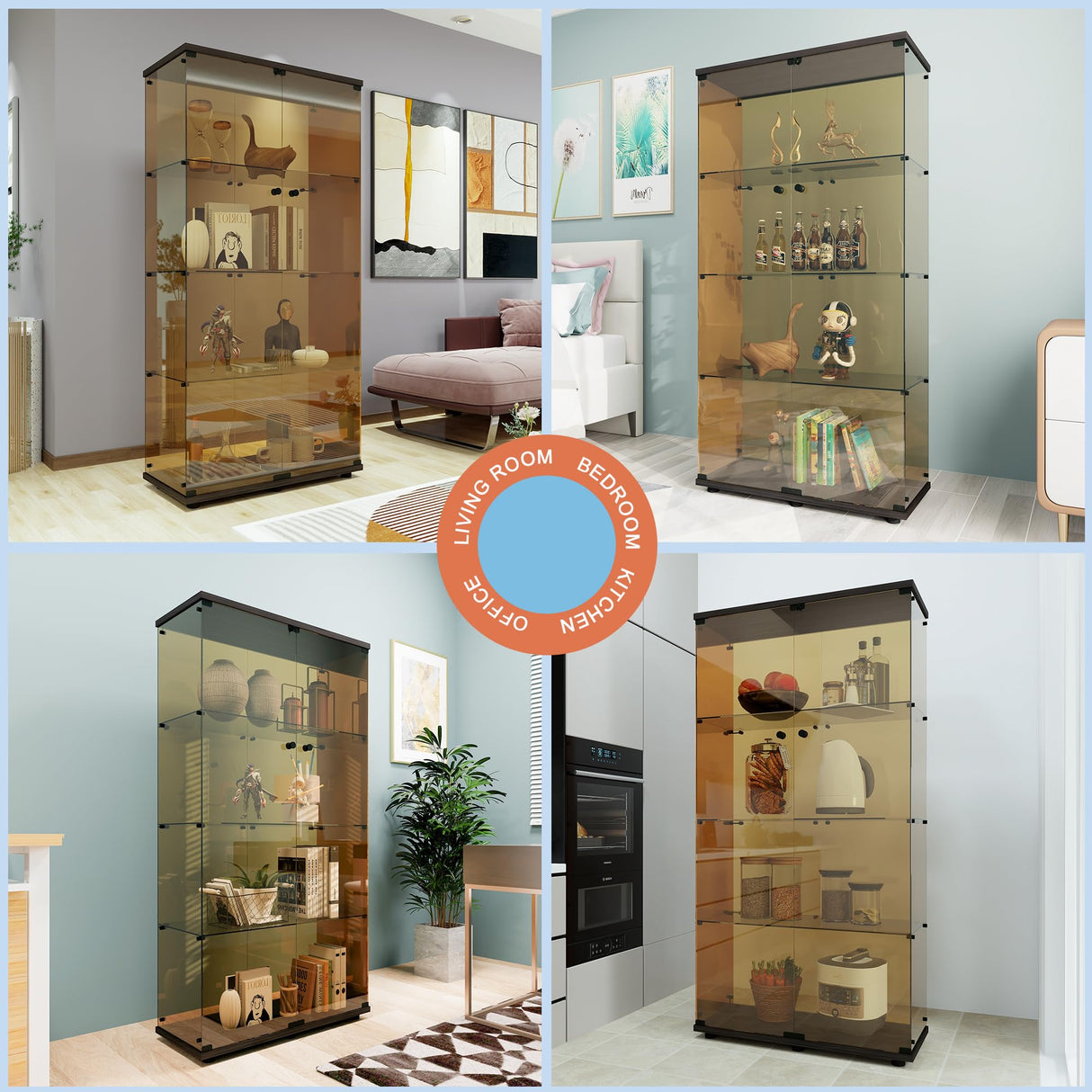 FANYUSHOW Glass Display Cabinet with 4 Shelf Double Door Curio Cabinet with Brown Glass 5mm Tempered Glass Display Case for Living Room, Bedroom, Kitechen, 64" H x 32" L x 14" W, Black FANYUSHOW