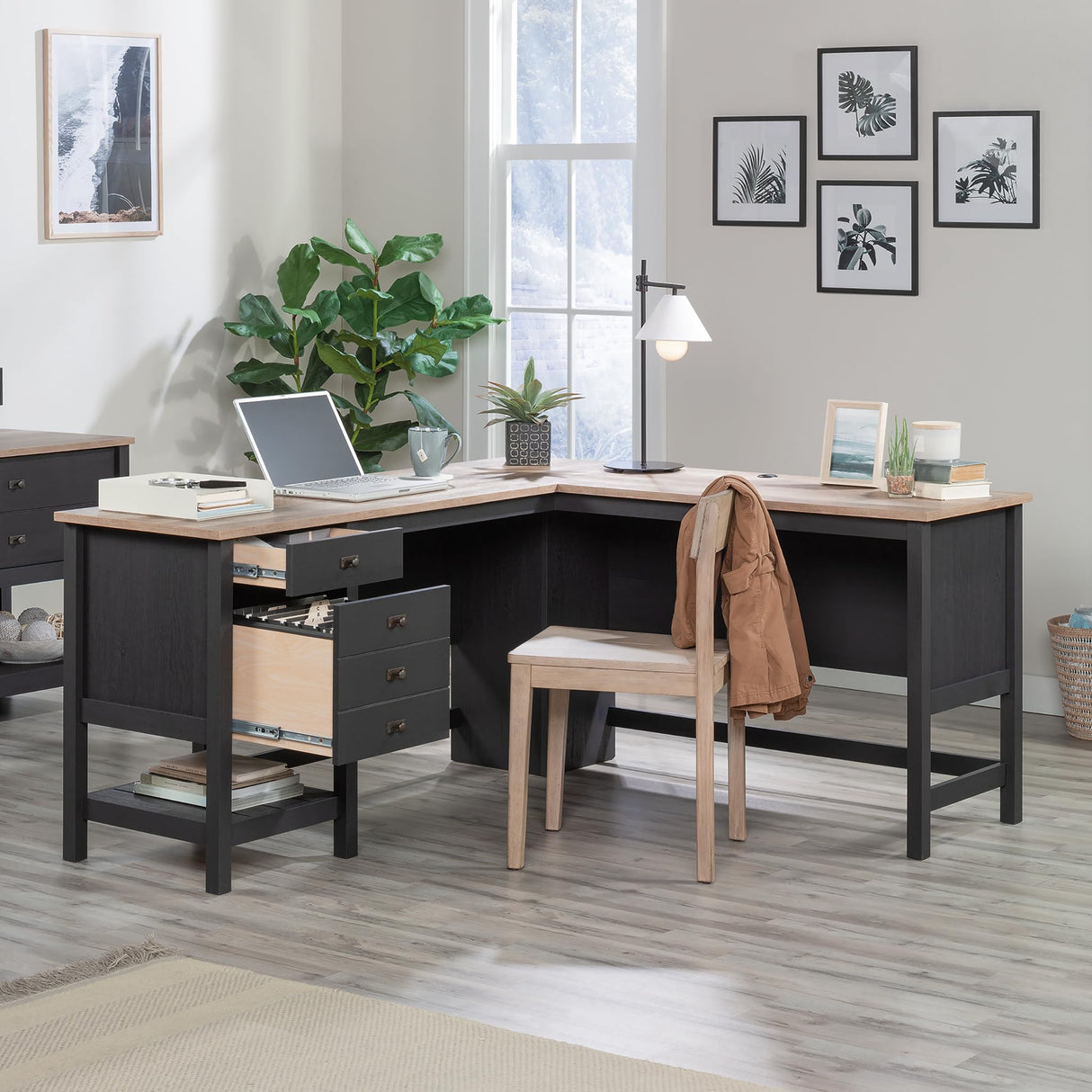 Sauder Cottage Road L Shaped Desk Computer Desk with Drawers, Home Office Desk with Optional File Cabinet Storage, Cable Management, in Raven Oak Finish Sauder