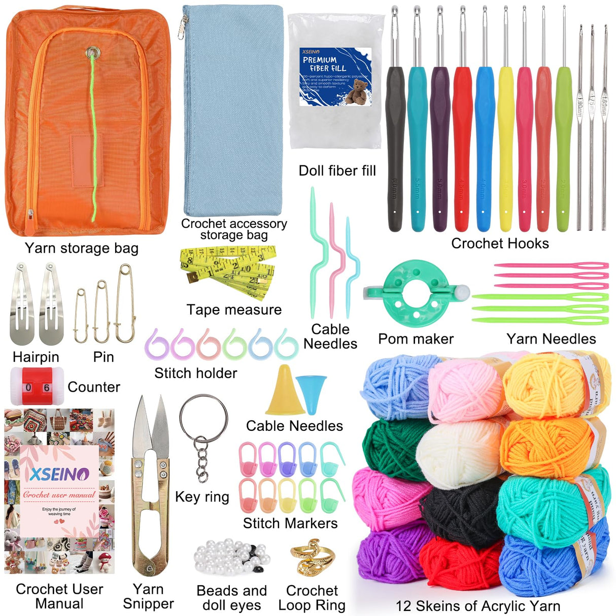 XSEINO Crochet Kit with Step-by-Step Video Tutorials,Premium Bundle Includes 12 Roll x50Yard Acrylic Yarn Balls, 12 Crochet Hooks, Crochet Bag and All Accessories Kit, Crochet Kit for Beginners XSEINO