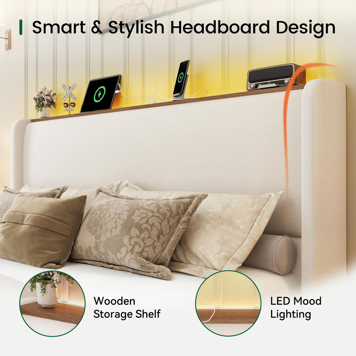 LARMACE King Size Bed Frame with LED Lights and Charging Station Linen Upholstered Platform Bed Frame with 51.2" Tall Wingback Headboard and Storage Shelf, No Box Spring Needed, Easy Assembly, Beige LARMACE