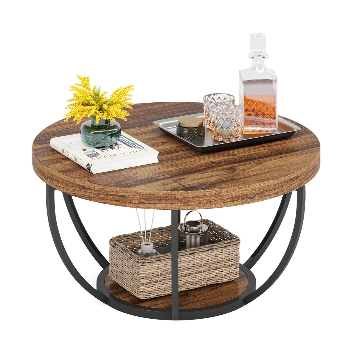 Tribesigns Round Coffee Table, Industrial 2-Tier Circle Coffee Table with Storage Shelves, Modern 31.7" Wooden Accent Center Table for Living Room, Home Office, Rustic Brown Tribesigns