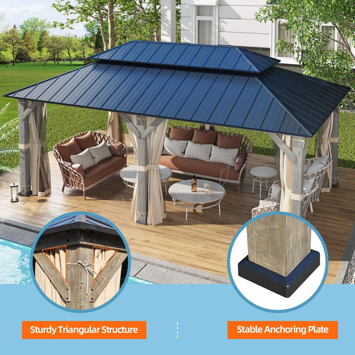 MELLCOM 12' x 20' Outdoor Hardtop Gazebo, Cedar Wood Framed Gazebo with Powder Coated Metal Roof for Gardens, Patios, Lawns,Vintage grey MELLCOM