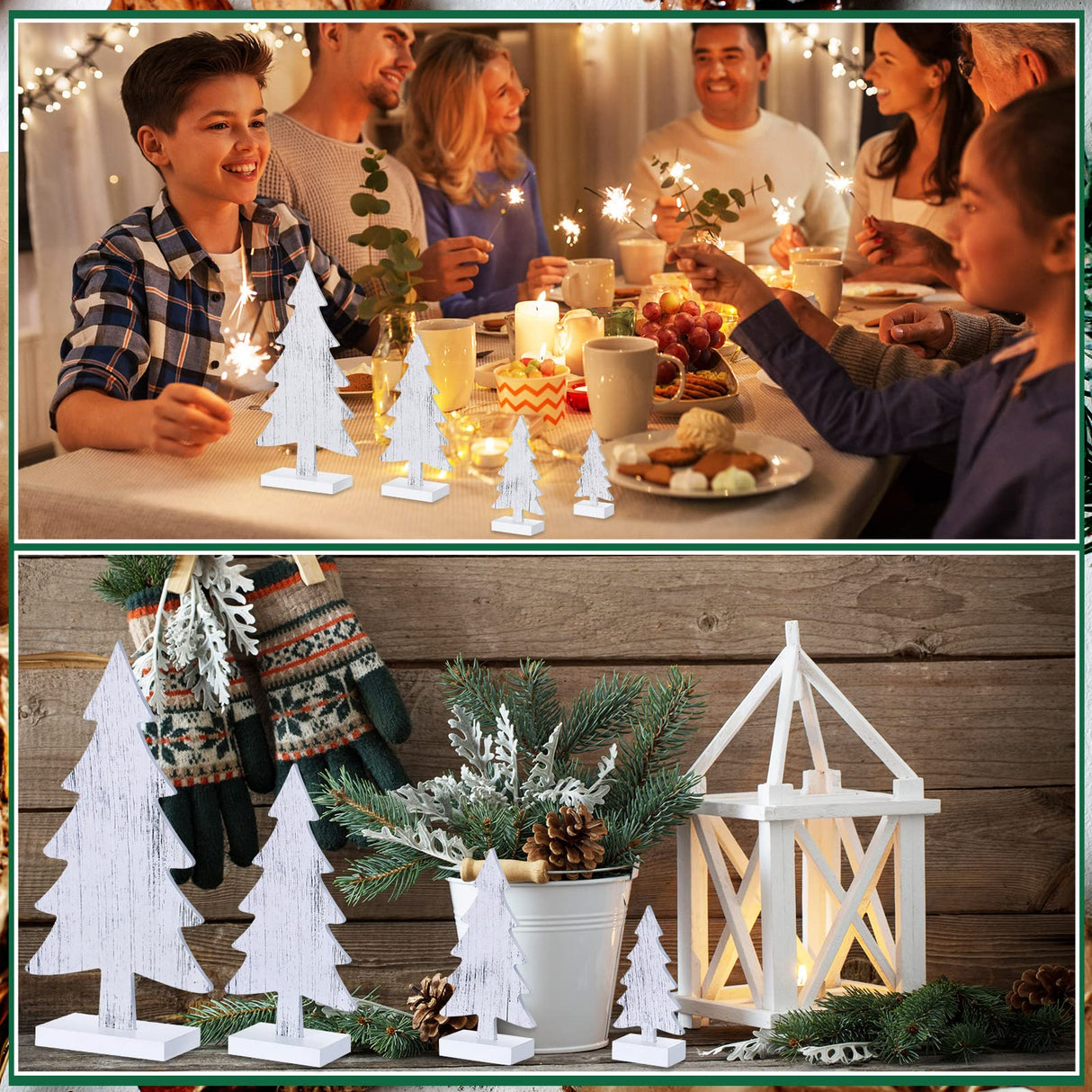 Sawysine 4 Pcs Wooden Christmas Tree Tabletop Decor Rustic Wood Christmas Trees Table Centerpieces Christmas Tiered Tray Decor Wood Trees with Rectangular Base for Xmas Winter Holiday (White) Sawysine