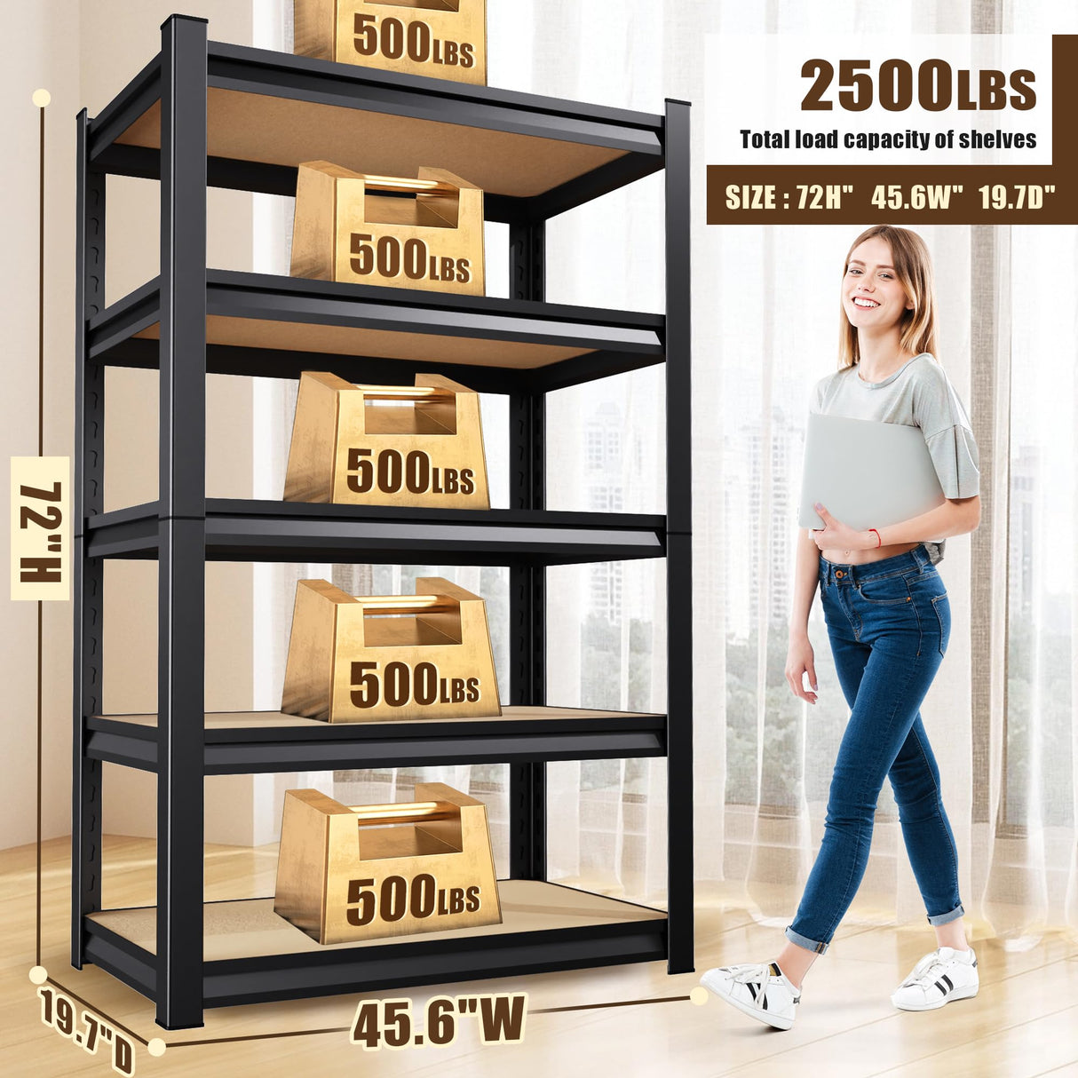 AOJUFEO 72" H Garage Shelving Heavy Duty 5-Tier Storage Shelves, 2200 lbs Adjustable Metal Shelving Unit, Utility Storage Rack Shelf for Garage, Basement, Pantry, Black 72''H x 35.5''W×16''D AOJUFEO