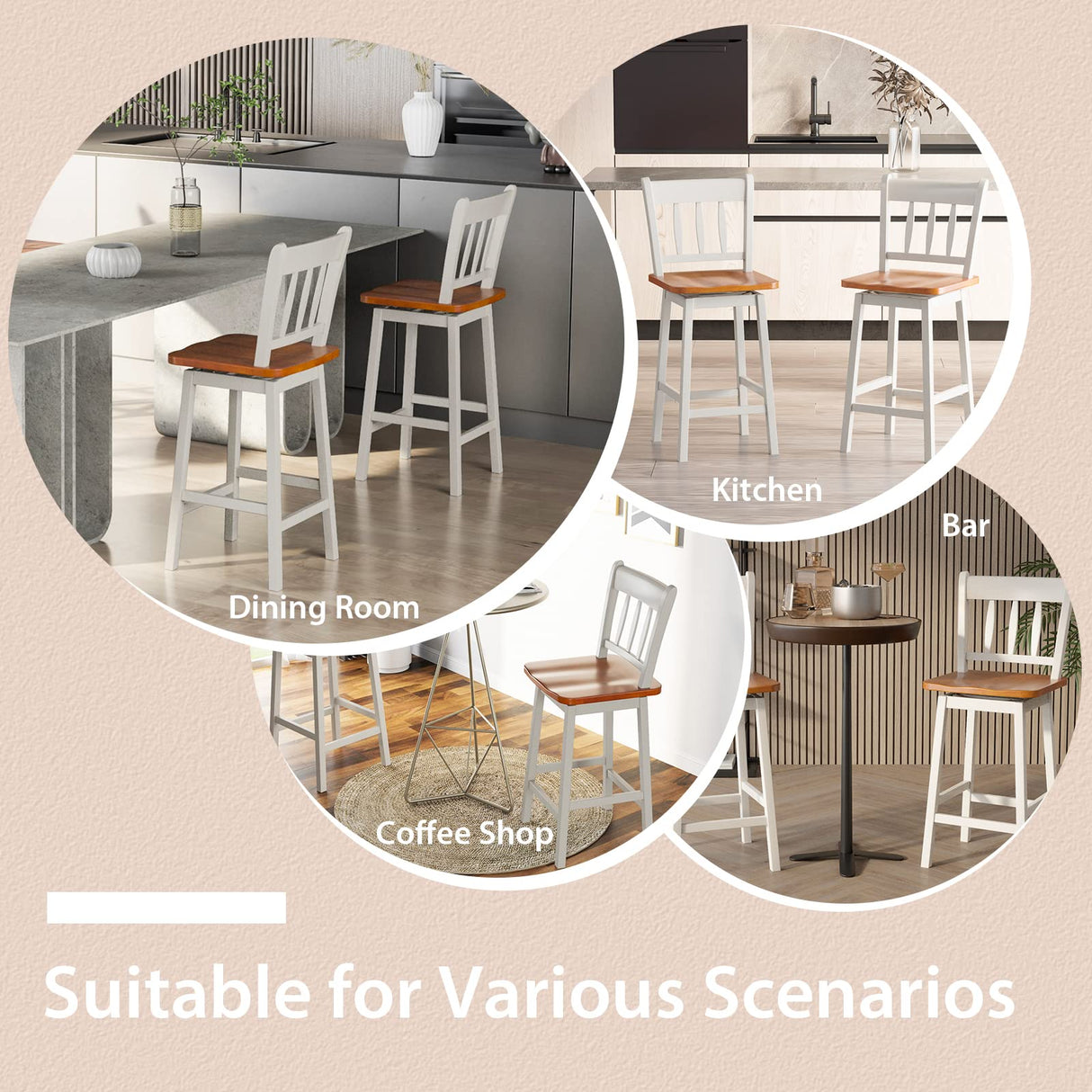 COSTWAY 24.5 Inch Ergonomic White Bar Stools Set of 4 with 360° Swivel & Footrest COSTWAY