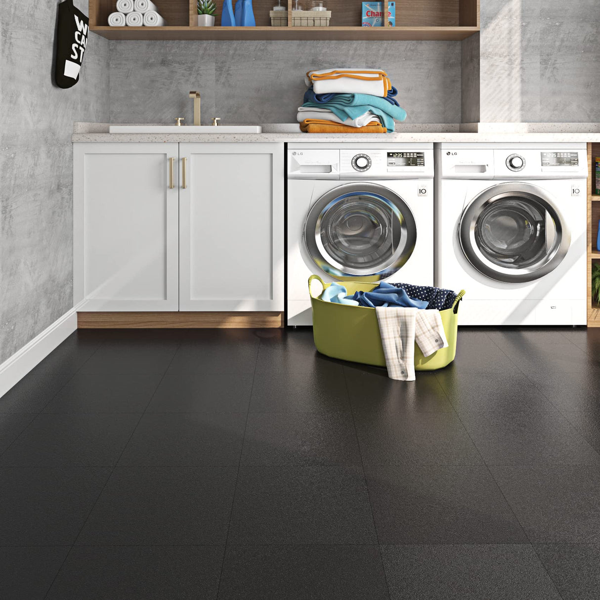 Livelynine Black Flooring 32-Pack 12x12 Inch Peel and Stick Floor Tile Waterproof Floor Tiles for Bathroom Floor Vinyl Peel and Stick Tiles Renter Friendly Floor Stickers Garage Laminate Flooring Livelynine