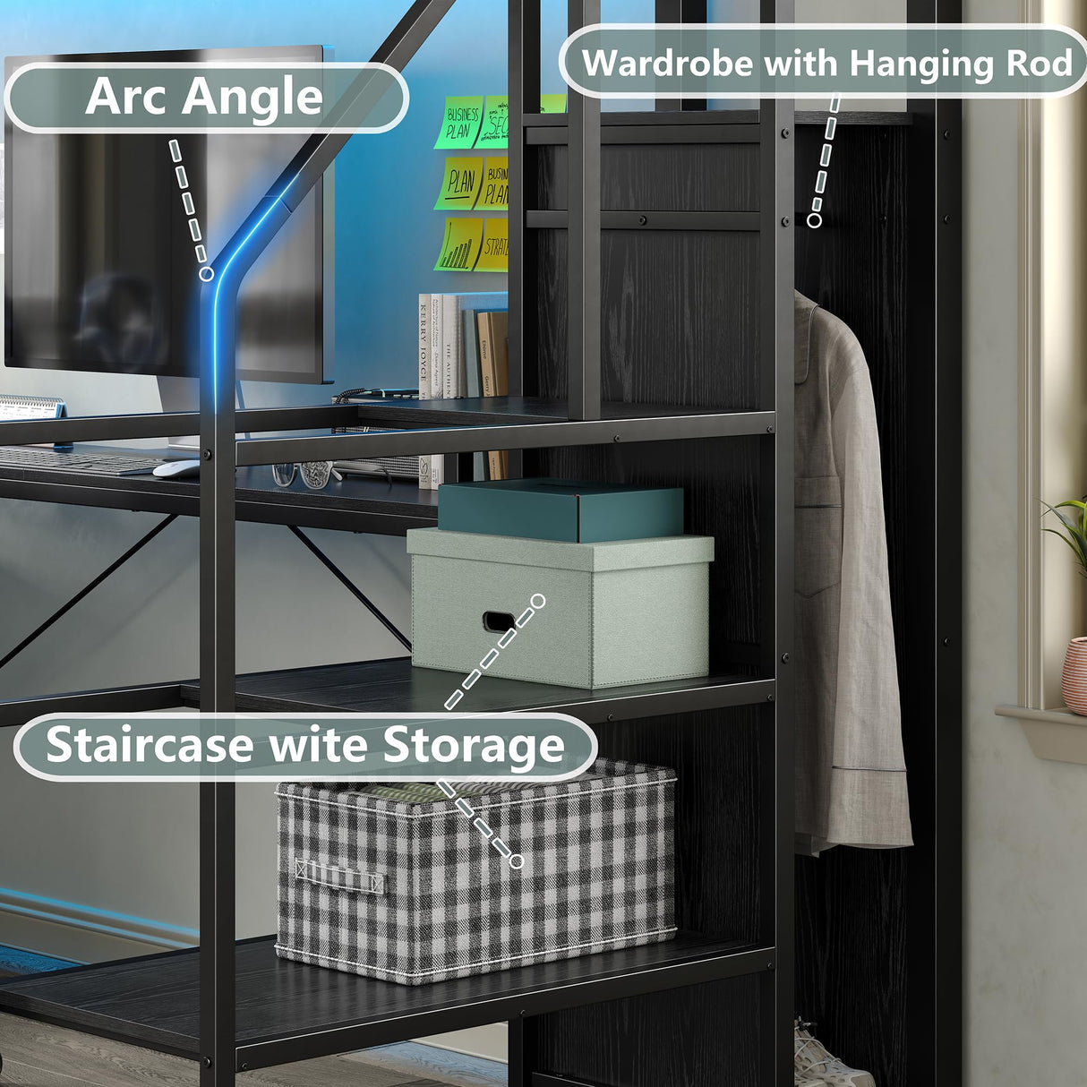 Furniouse Twin Loft Bed with Desk and Storage Stairs and Wardrobe, Heavy Duty Loft Bed, RGB LED Bed with USB Port, Outlets and Adjustable Furniouse