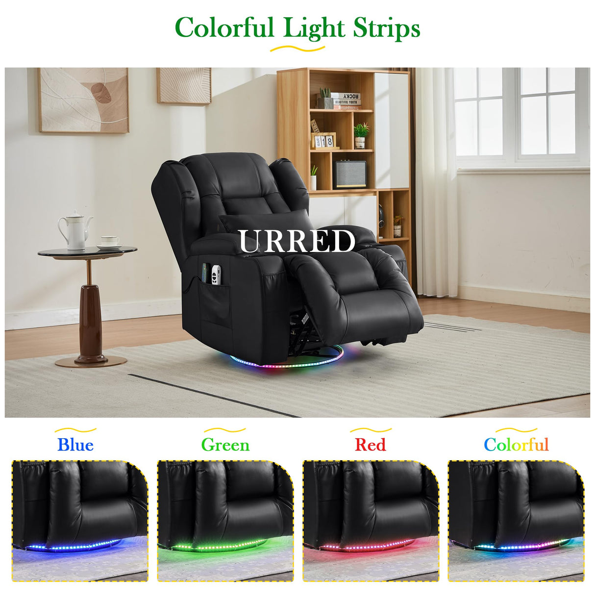 URRED Rocker Recliner Chair for Adults with Vibrating Massage and Heat, 270° Swivel Glider Rocking Chair Nursery Power Reclining Sofa with Ambient Lighting, Cup Holders, Faux Leather, Black URRED