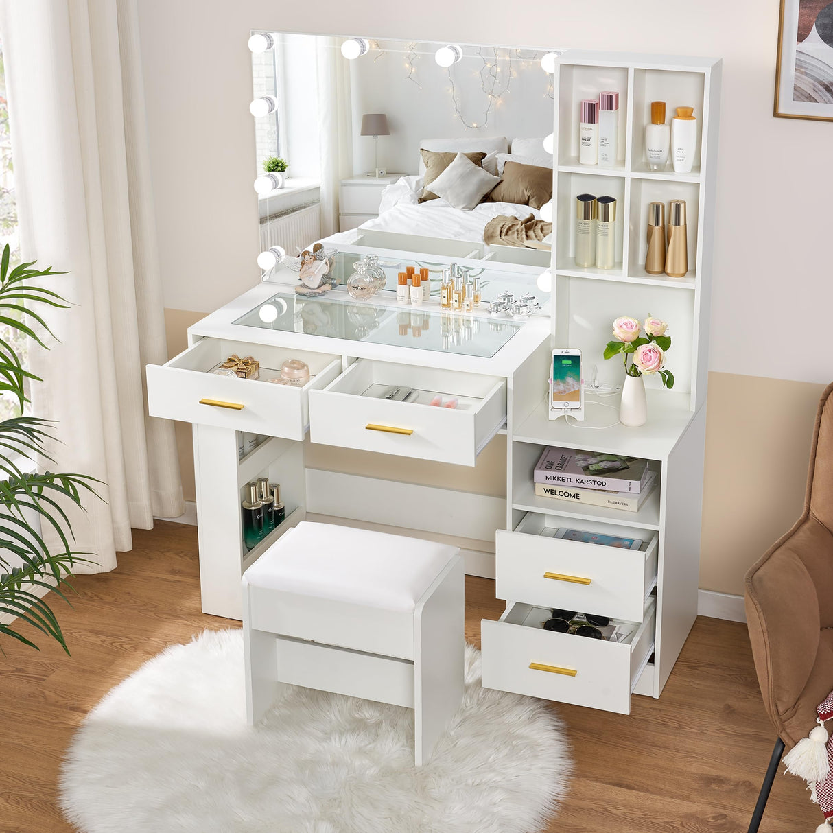 BEWISHOME White Vanity Desk with Mirror and Lights,Vanity with Glass Top,Makeup Vanity Set Makeup Desk Dressing Table,Vanity Table with Charging Station,Drawers,Nightstand,Makeup Table Vanity FST28W BEWISHOME
