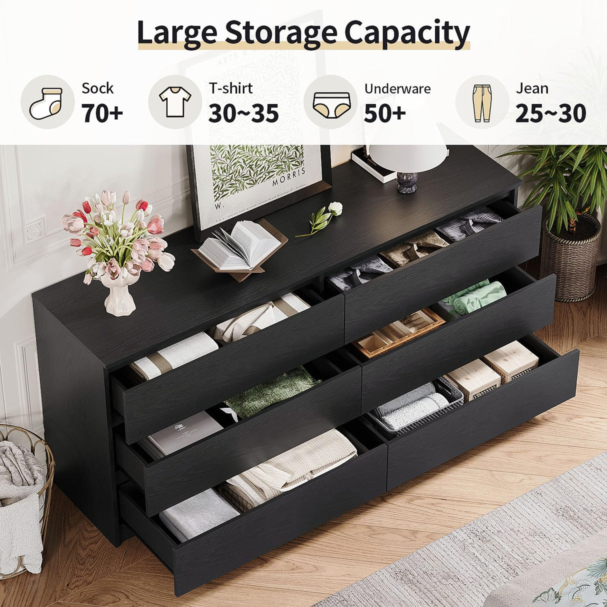 Modern 6 Drawer Dresser for Bedroom, 59'' Black Dresser, Wood Dresser with Handless Design, Thickened Back Panel, Stable & Sturdy Base, Double Drawer Long Dresser, Wide Chest of Drawers for Bedroom Angel Sar