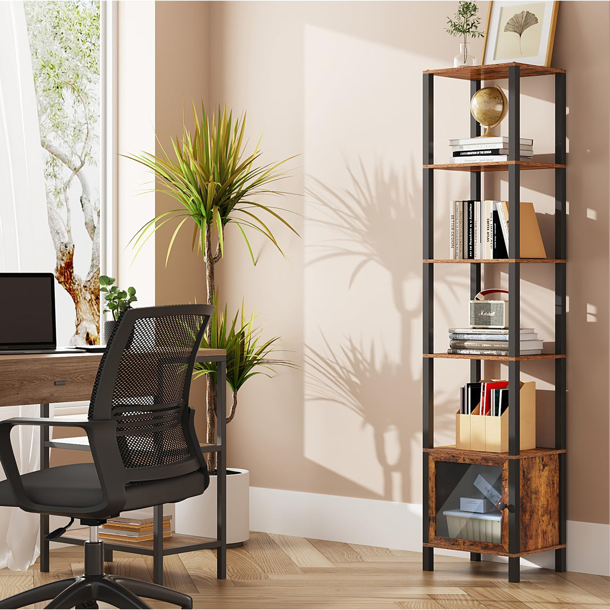 TUTOTAK 6 Tier Brown Bookcase with Door – Versatile Narrow Shelf for Small Spaces TUTOTAK
