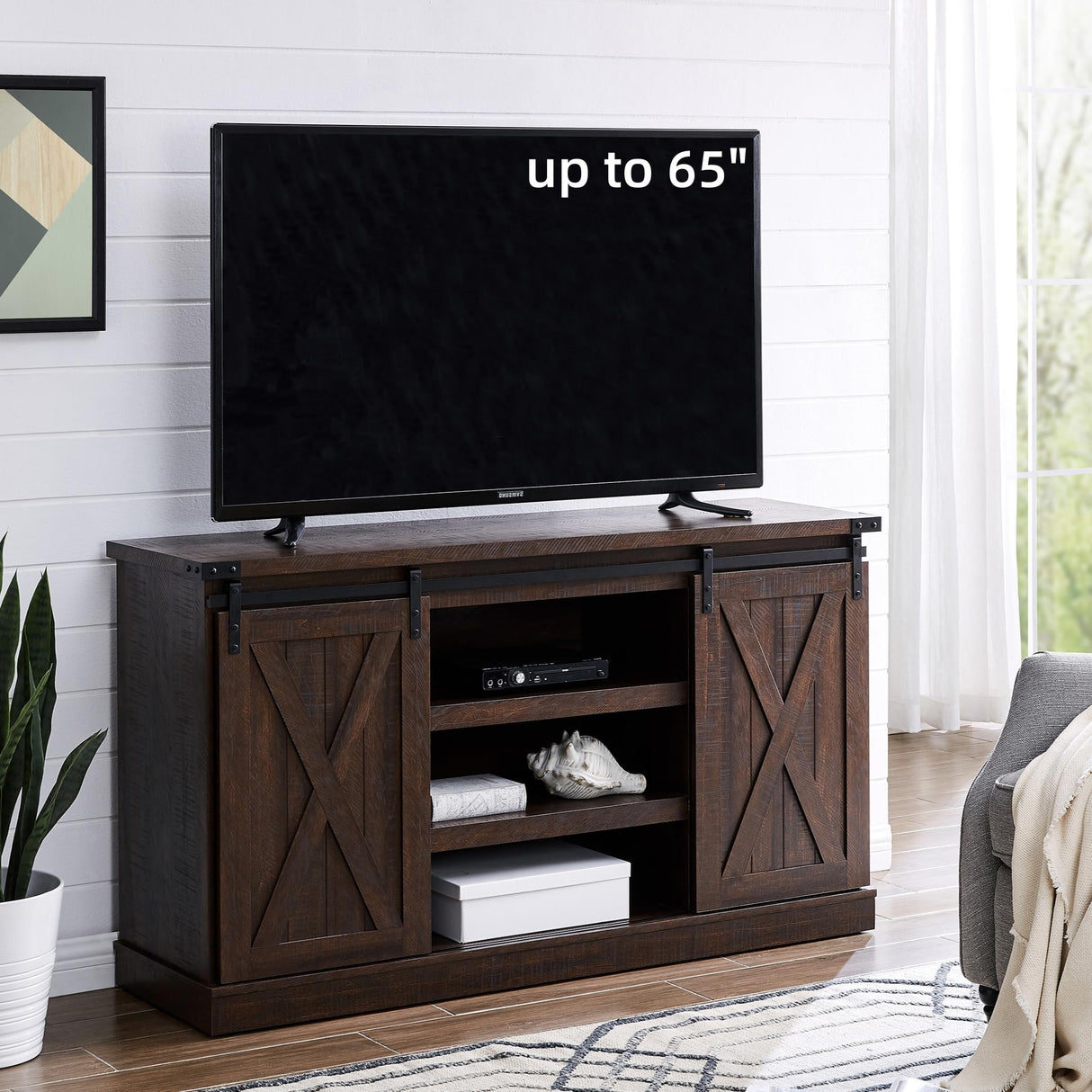 EDYO LIVING Farmhouse TV Stand for 65 Inch TV, Wood TV Stand with Sliding Barn Door, Entertainment Center with Storage Cabinet, Rustic Media Console for Living Room Bedroom, Espresso EDYO LIVING