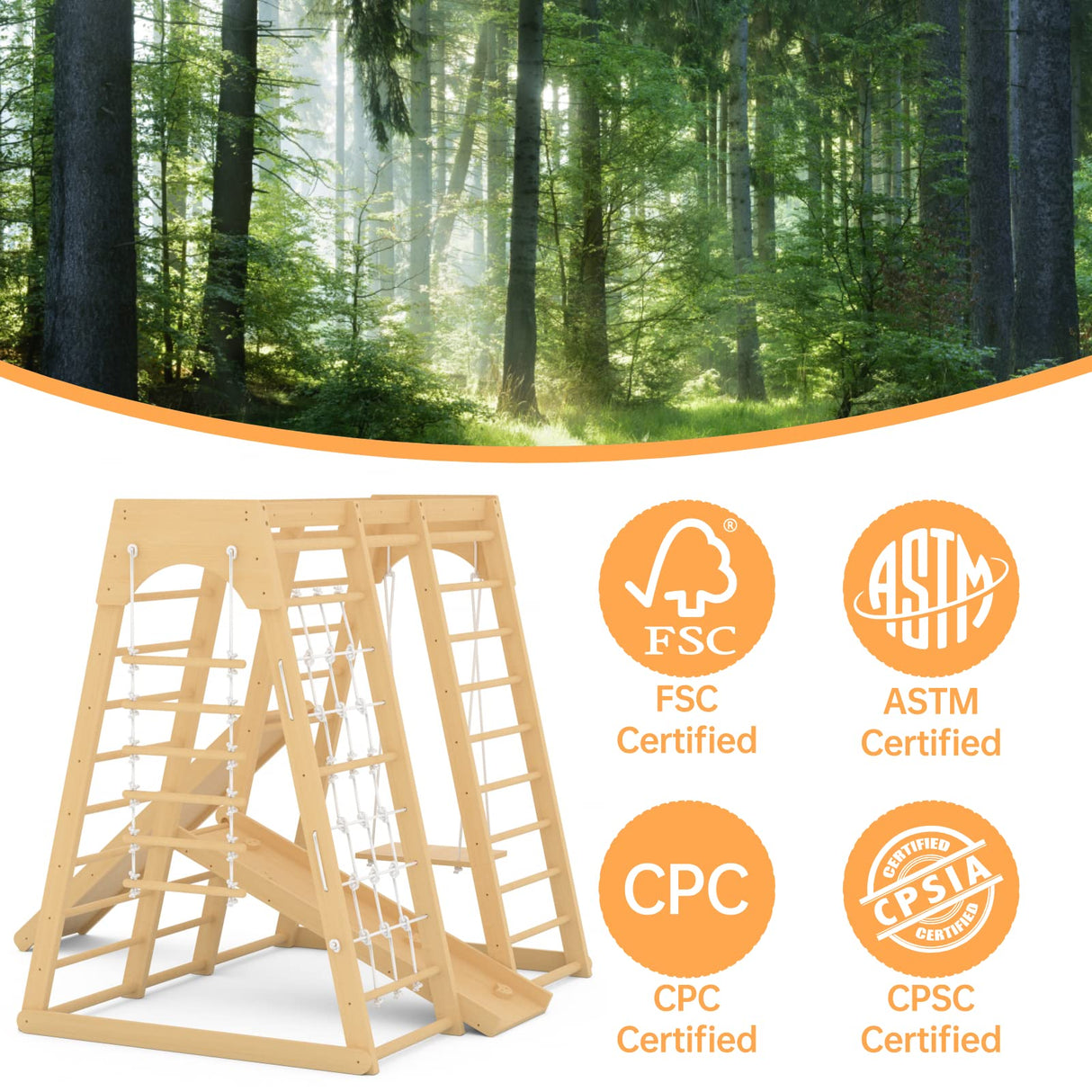 Indoor Jungle Gym, Montessori Climbing Toys, Toddler Indoor Playground Set 8-in-1 with Swing, Armband, Rock Climb Wall, Slide, Monkey Bar, Wood & Rope Ladder, Rope Wall Ladder for Kids 1-8yrs LunaQuest