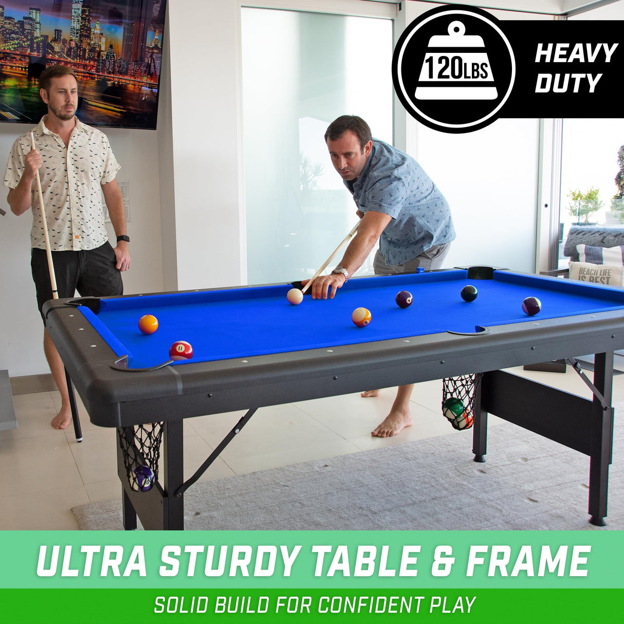 GoSports 6 ft Billiards Table - Portable Pool Table - Includes Full Set of Balls, 2 Cue Sticks, Chalk, and Felt Brush - BLUE GoSports