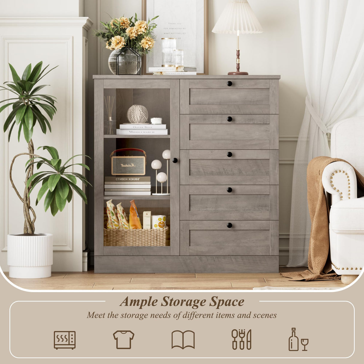 HOSTACK 5 Drawer Dresser with Door, Storage Cabinet with Drawers and Shelves, Wide Wood Dresser, Modern Chest of Drawers Organizers for Living Room, Kitchen, Hallway HOSTACK