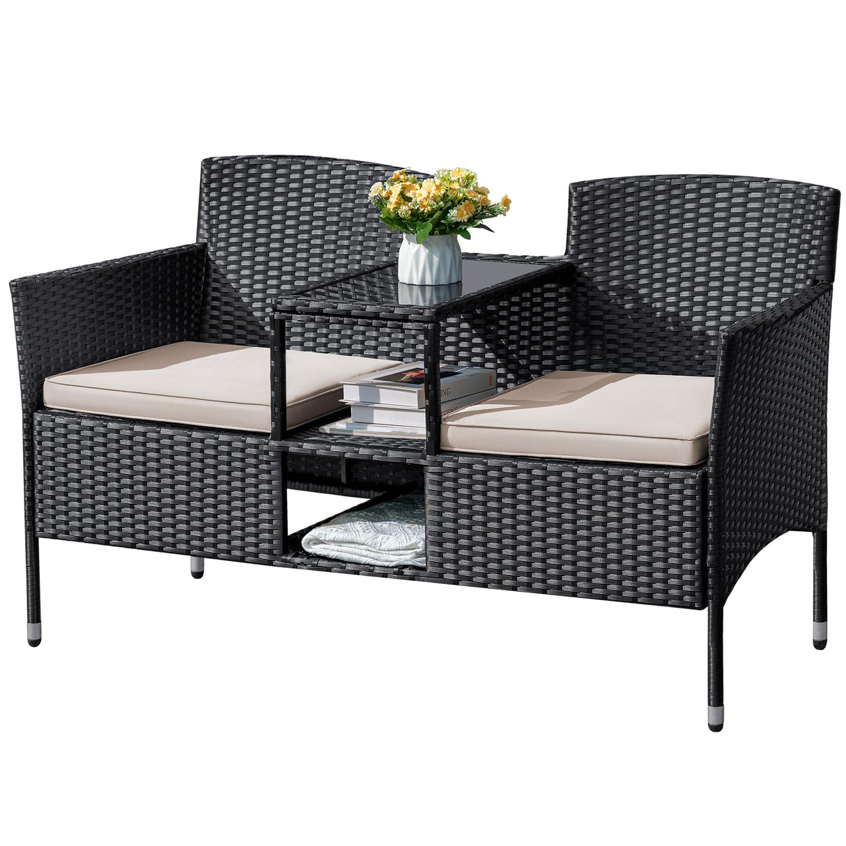 Flamaker Outdoor Furniture Patio Loveseat Wicker 2-Seat with Built-in Table and Cushions Rattan Porch Chairs Bench for Balcony, Lawn, Backyard (Beige) Flamaker