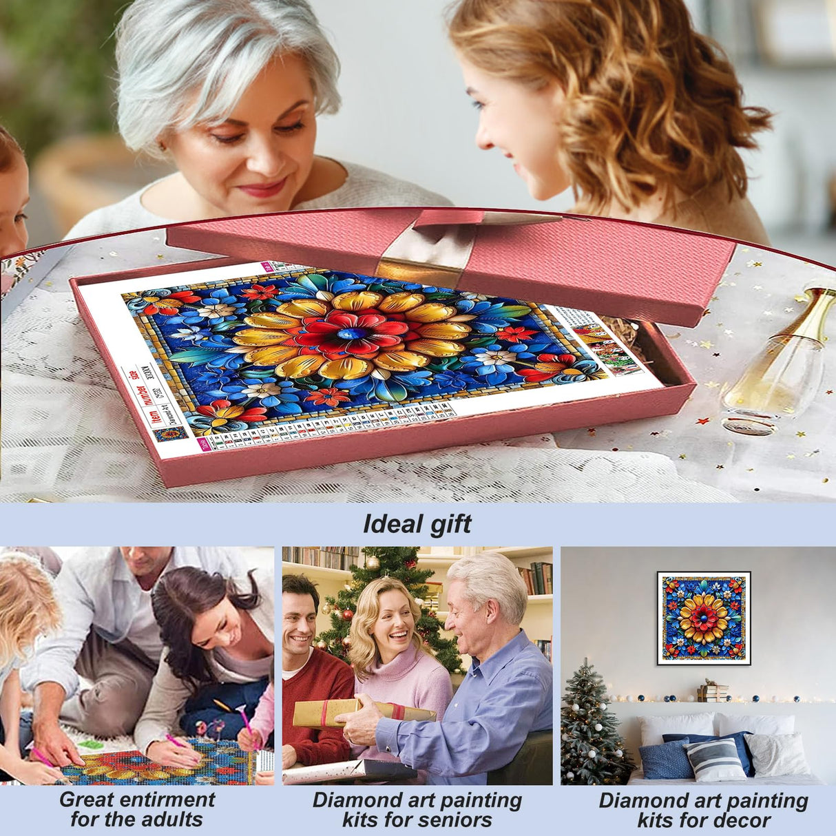 Stalente Diamond Painting Kits for Adults Mandala, 5D DIY Diamond Art Kits for Beginners Round Full Drill Diamond Painting for Home Wall Decoration Gift 12×12inch, Flower Stalente