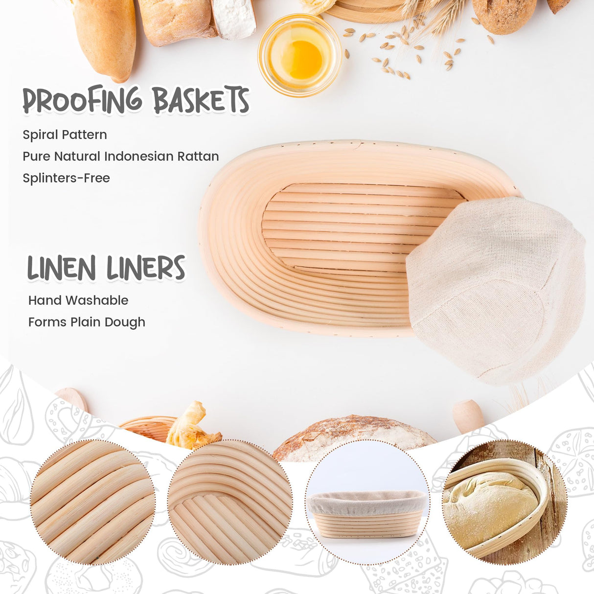 DOYOLLA Bread Proofing Baskets Set of 2 10 inch Oval Shaped Dough Proofing Bowls w/Liners Perfect for Professional & Home Sourdough Bread Baking DOYOLLA
