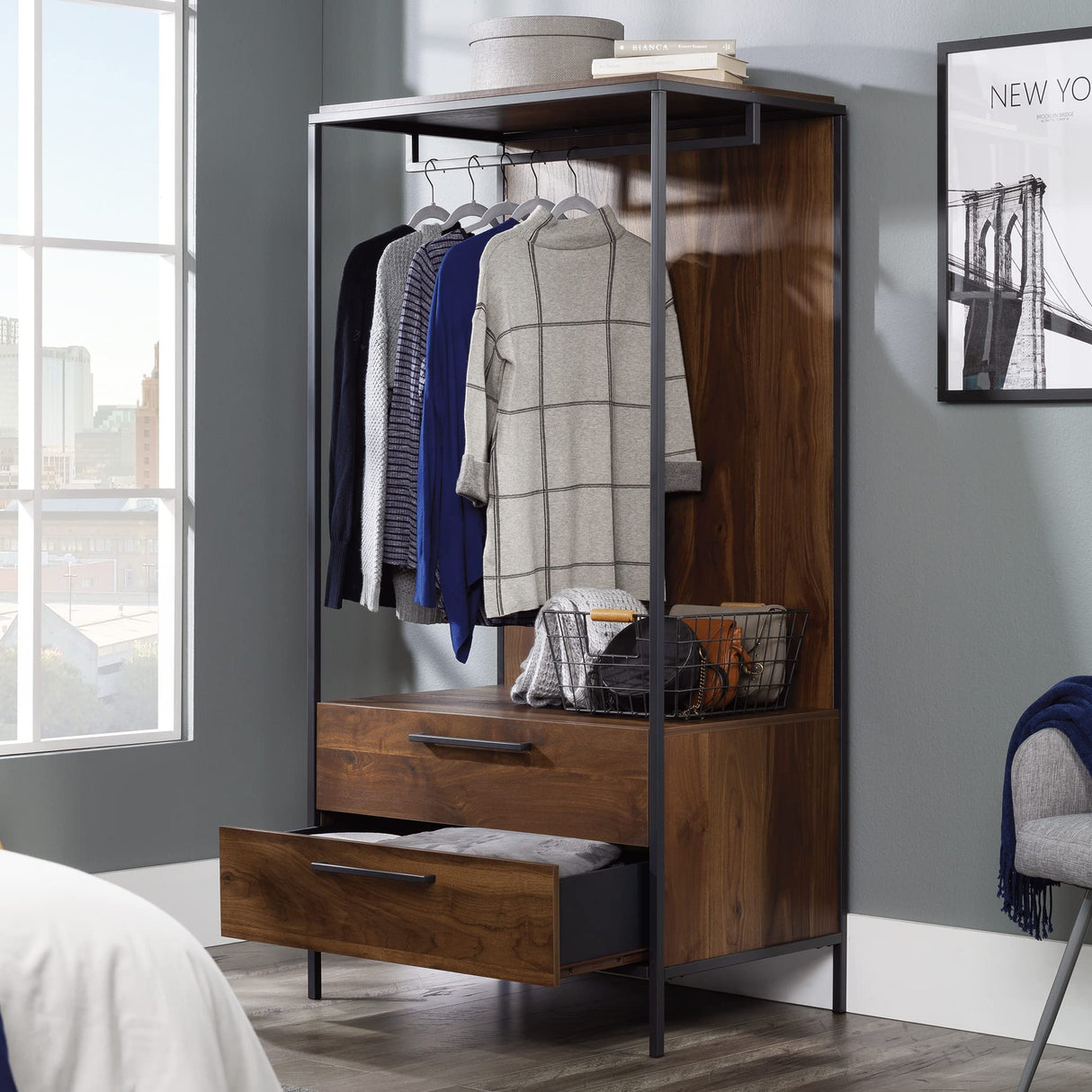 Sauder Nova Loft Open Wardrobe with Drawers, L: 32.99" x W: 21.97" x H: 65.98", Grand Walnut finish Sauder