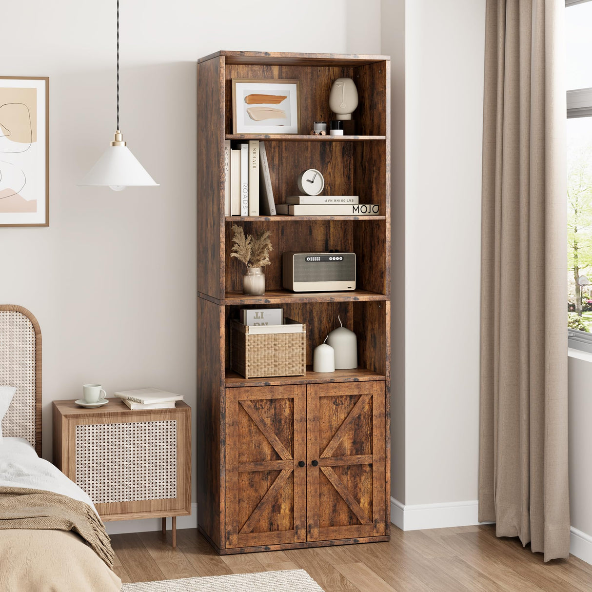 IDEALHOUSE Bookcase with Doors Industrial Bookshelf 11.8in Depth Display Storage Shelves 71.4in Tall Farmhouse Bookcases Wooden 6 Shelf Bookshelvels for Bedroom, Living Room, Home Office IDEALHOUSE