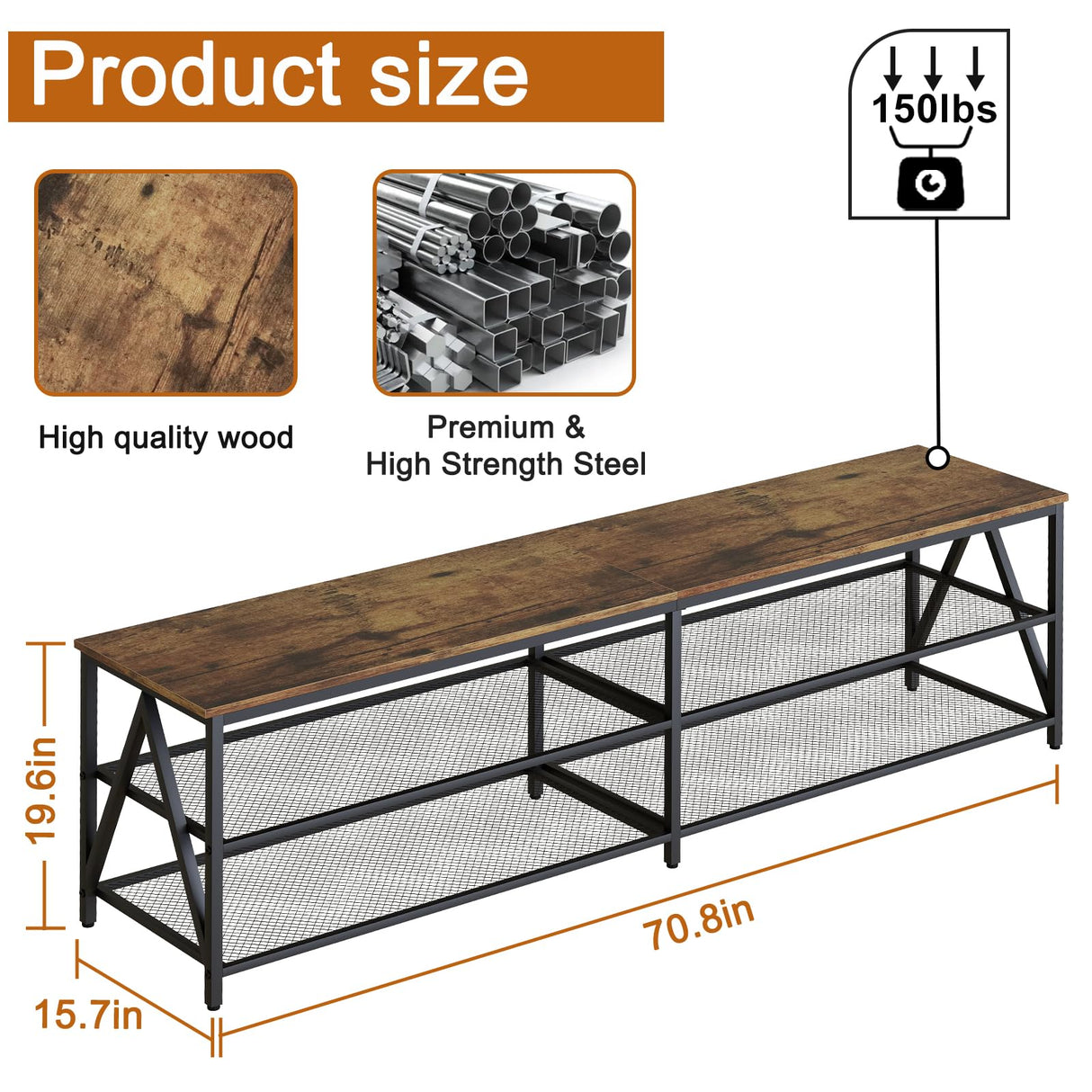Katrawu TV Stand for TV up to 75 Inch, Long 70" TV Cabinet with 3-Tier Storage Shelves,Entertainment Center TV Console Table for Living Room with Industrial TV Metal Frame, Rustic Brown Katrawu