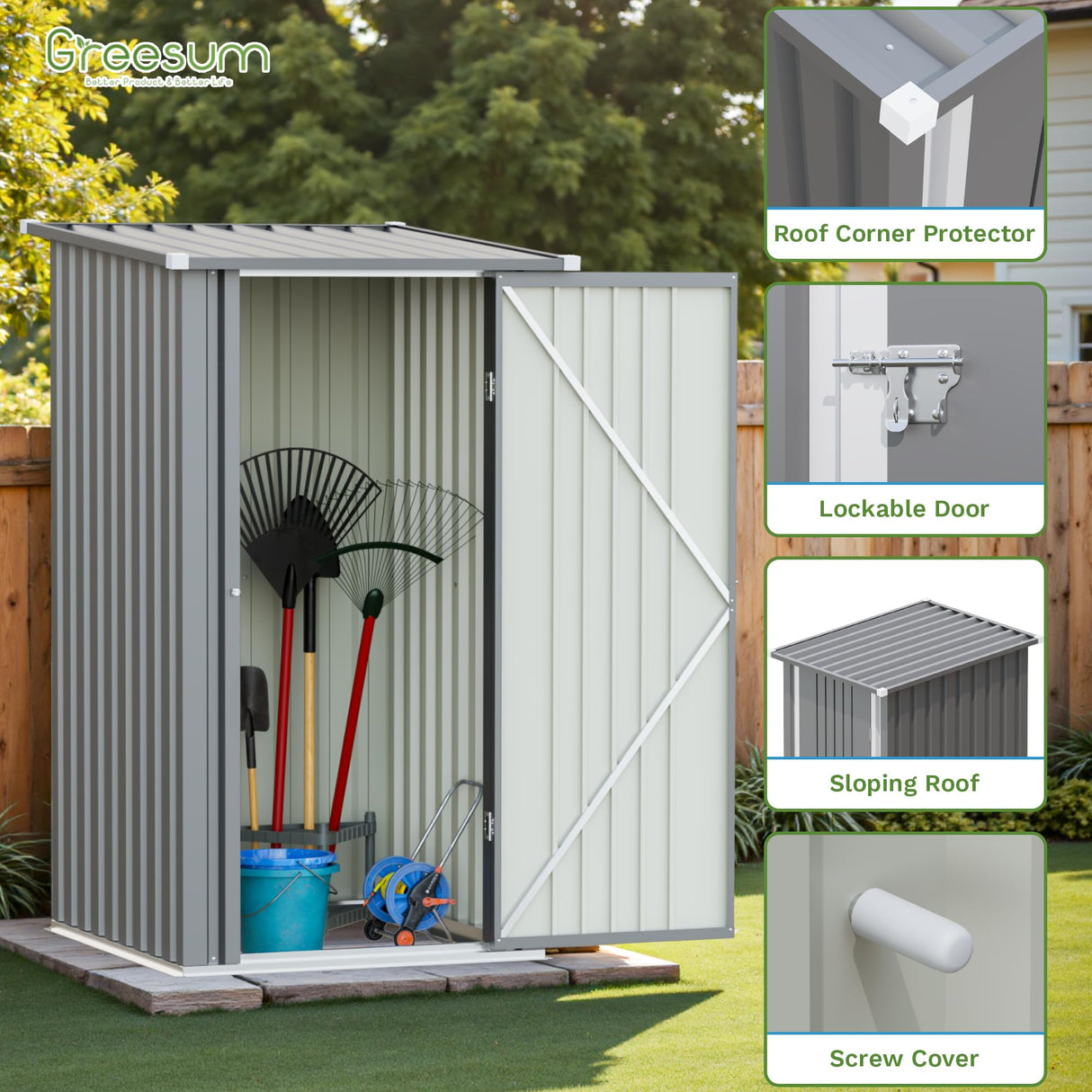 Greesum 3×3FT Outdoor Storage Shed, Metal Patio Storaged Sheds with Lockable Doors, Sheds & Outdoor Storage for Backyard, Pool and Garden, Gray Greesum