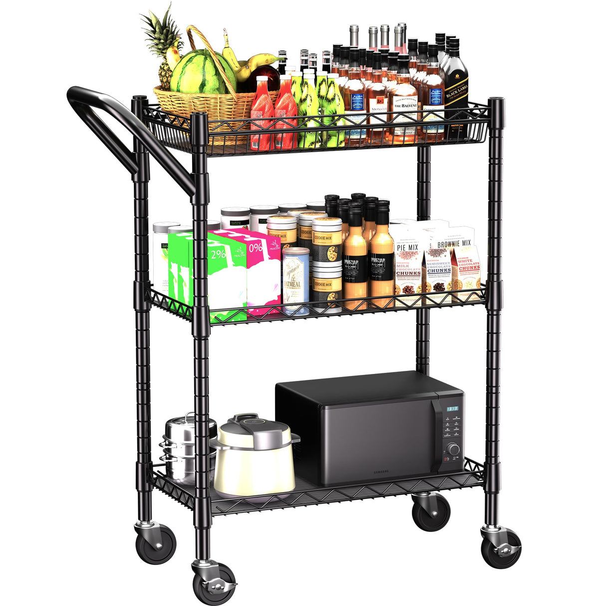 3 Tier Heavy Duty Rolling Utility Cart,18" D x 23.8" W x 36.6" H Rolling Carts with Wheels,Commercial Grade Metal Cart with Handle Bar & Shelf Liner,Trolley Serving Storage Cart for Kitchen Black REGILLER