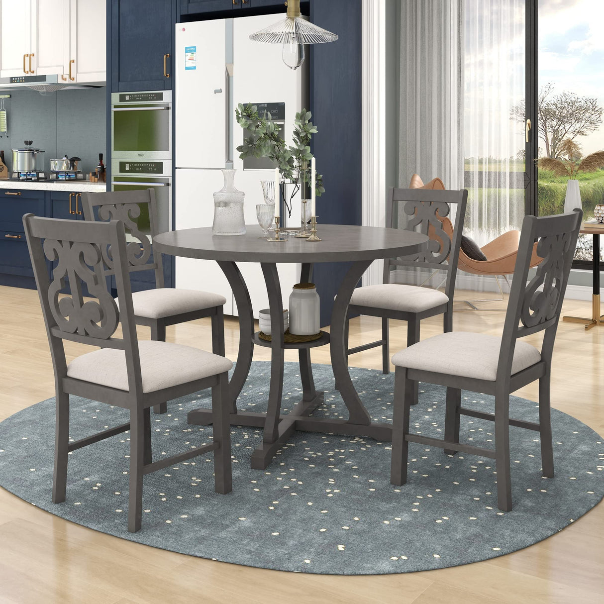 Merax 5 Piece Round Dining Table Set 4 Retro Chairs with Special-Shaped Table Legs, Exquisitely Designed Hollow Chair Back for Dining Room, Gray Merax
