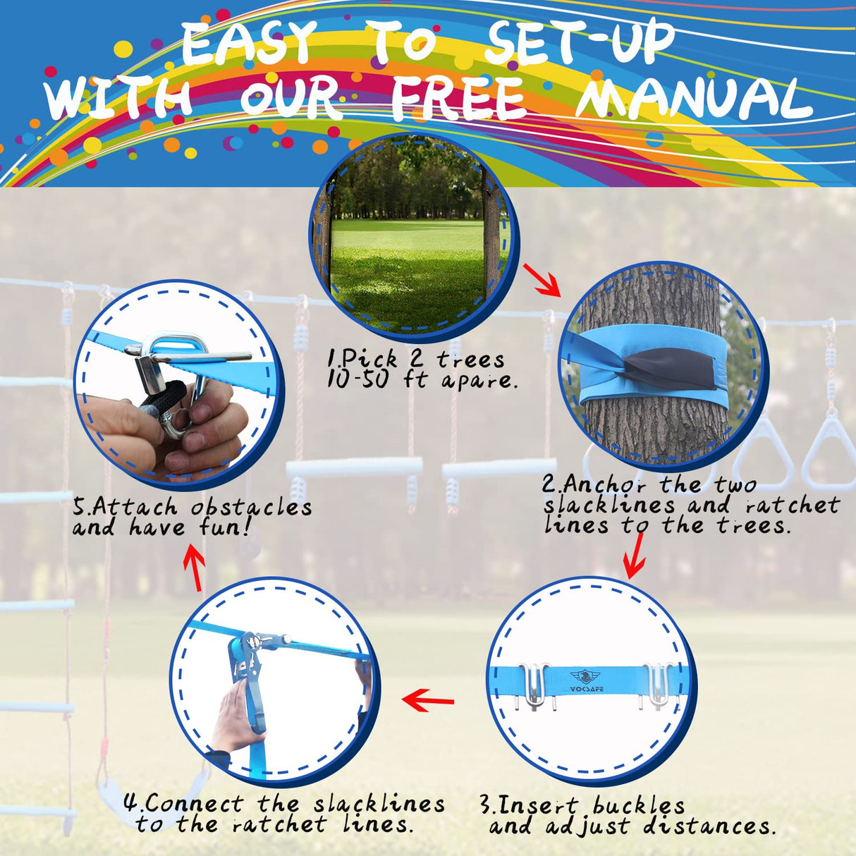 VOKSAFE 56' Weatherproof Ninja Warrior Hanging Obstacle Course Line Backyard Training Equipment Set for Kids, 12 Obstacles, Like Walking Line, Net, Swing VOKSAFE