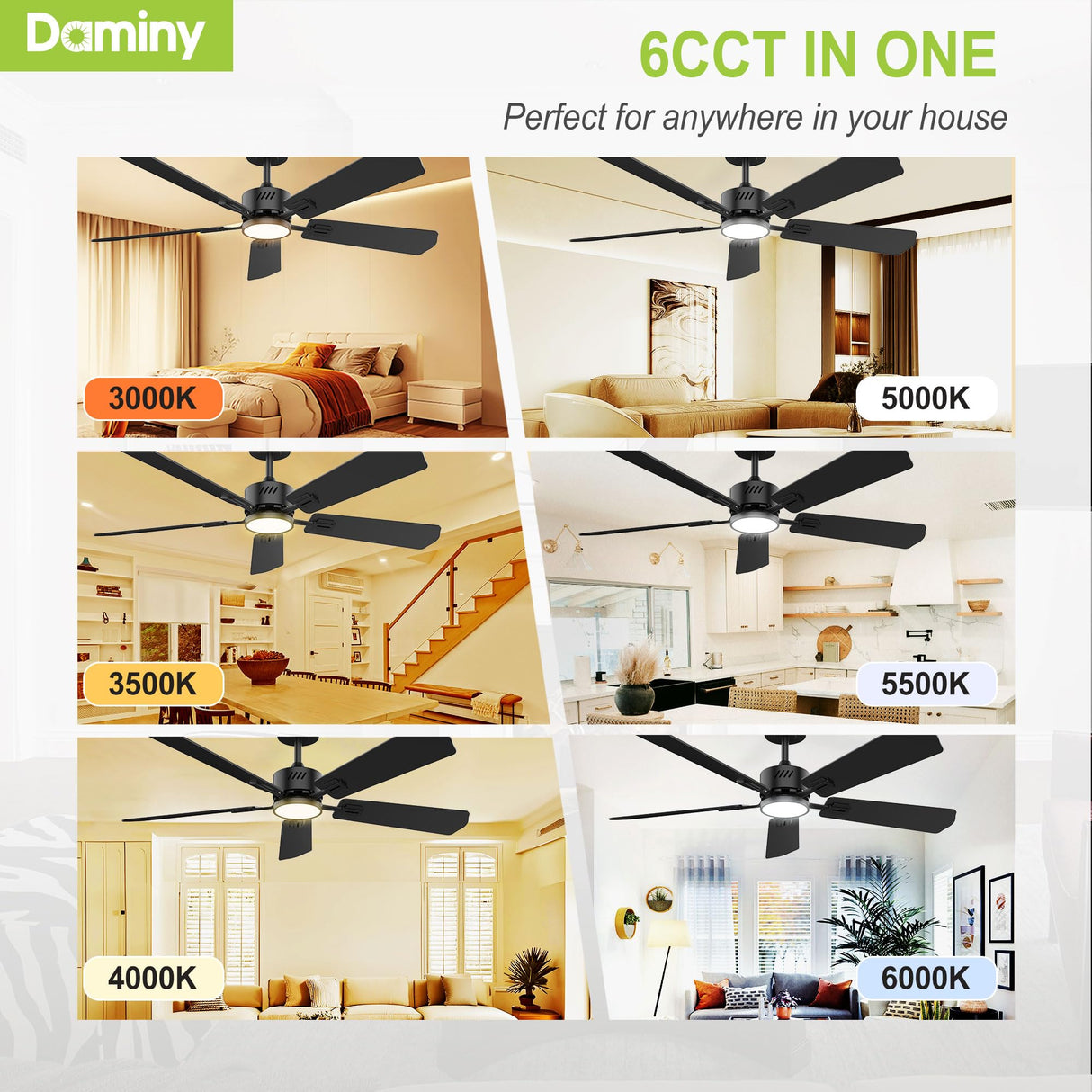 DAMINY 52 inch Ceiling Fan with Light,6CCT,5 Blade Ceiling Fan with Light,Low Profile Ceiling Fan with Light and Remote Control,Downrods,Black Ceiling Fan for Living Room,Indoor/Outdoor Use DAMINY