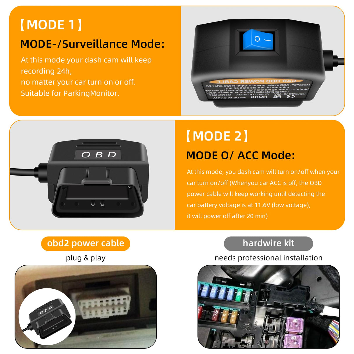 GELRHONR Right Angle OBD Power Cable for Dash Camera, Micro USB OBD2 Dashcam Hardwire Kit with 24 Hours Surveillance and Acc 2 Mode 11.5FT for EV Hybrid Fuel Vehicles(Right Angle Micro Black) GELRHONR