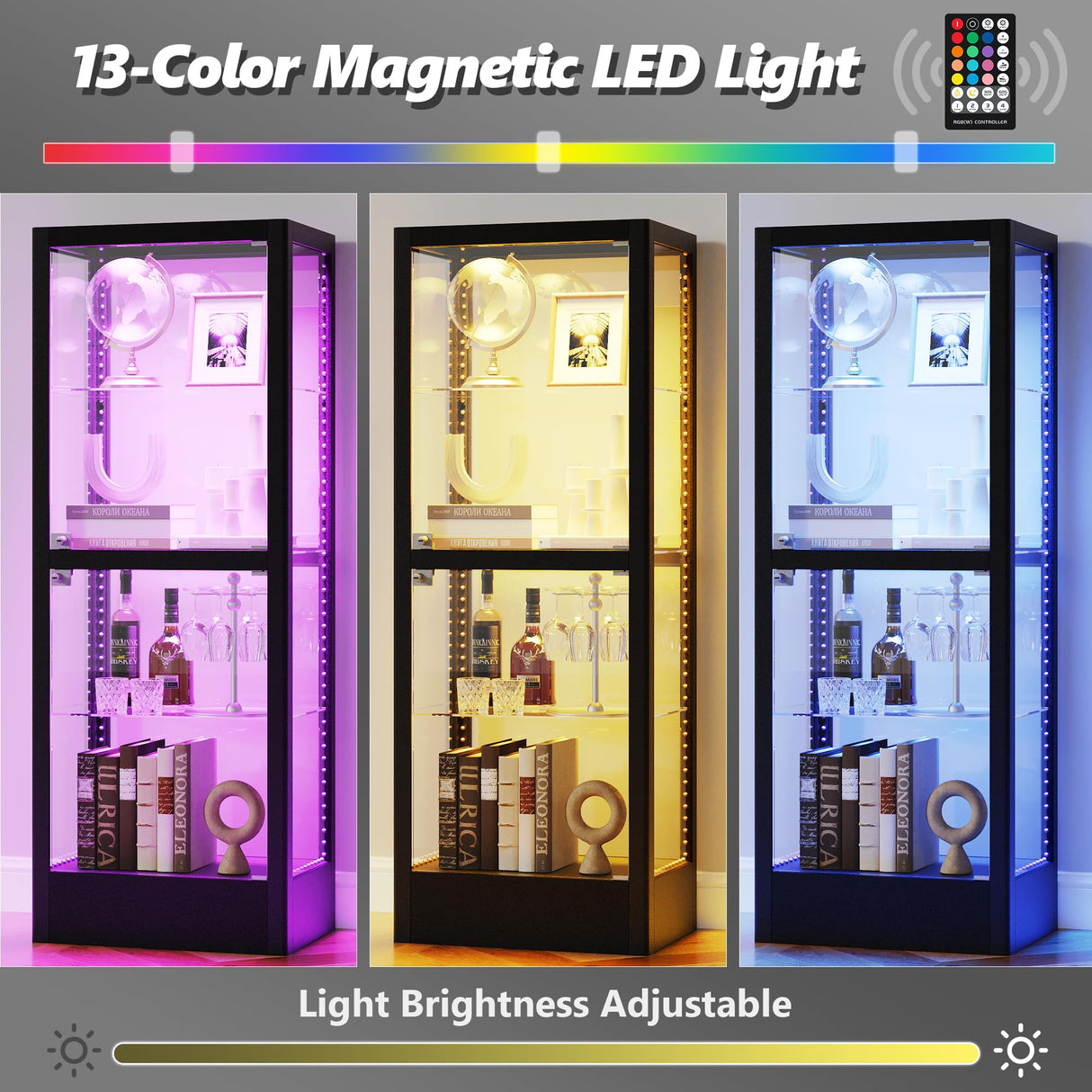 Lucky Monet Glass Display Cabinet with 13 Color LED Lights and Lock, 4-Tier Lighted Curio Cabinet with Doors & Adjustable Shelves, Glass Display Case for Collectibles Liquor - 23.6" Wide Black Lucky Monet