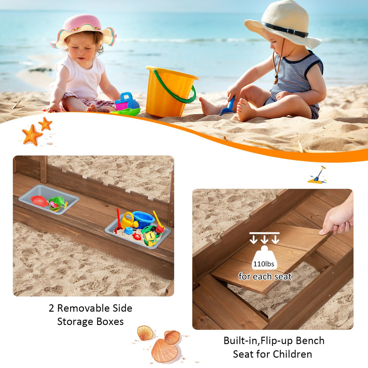 Costzon Kids Sandbox, Cedar Wood 45" x 45" Sand Pit w/Built-in Bench Seats, Storage Boxes, Flags & Protective Bottom Liner, Outdoor Sand Box for Kids Age 3+ for Backyard Garden Beach Costzon