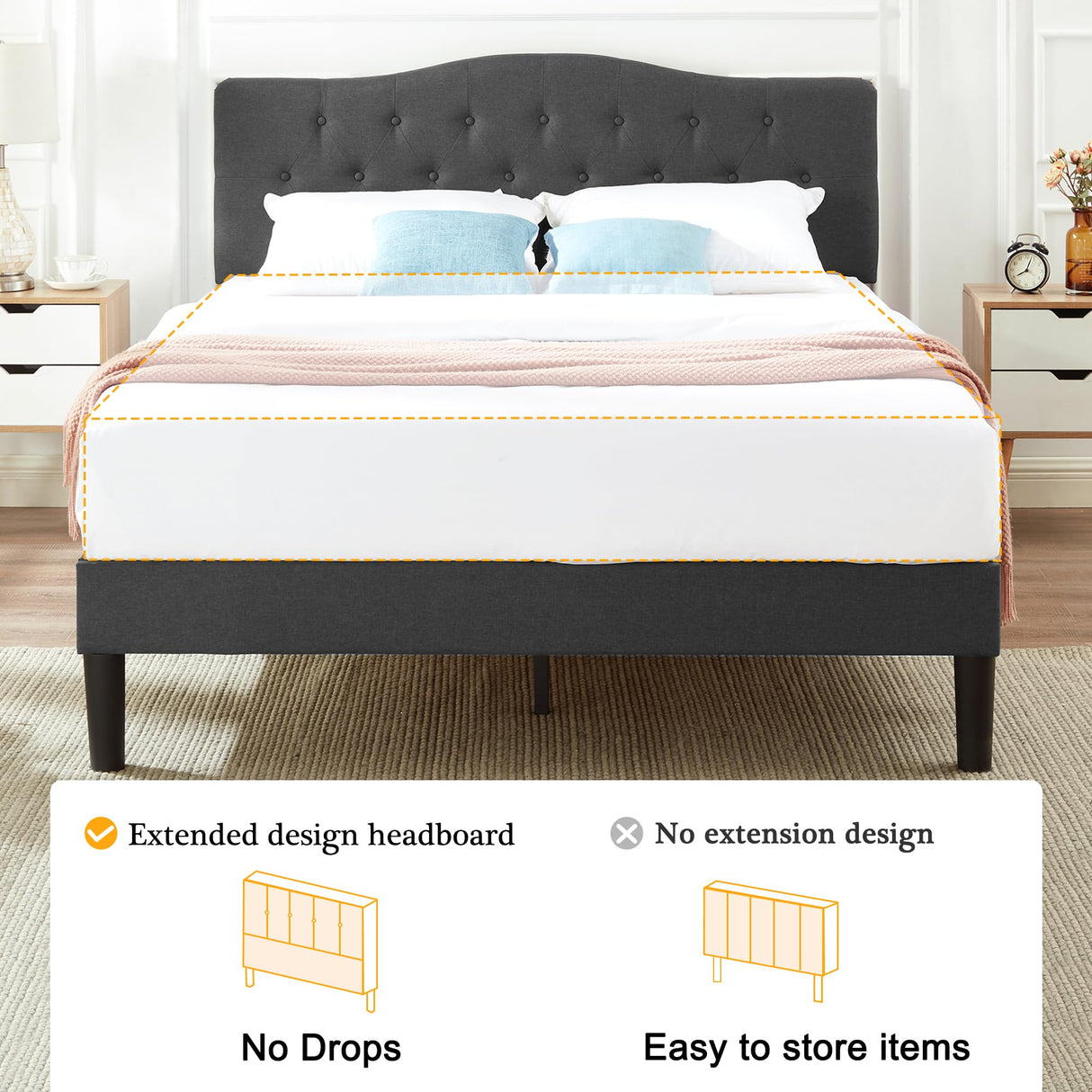 VECELO Full Size Bed Frame Upholstered Platform with Tufted Adjustable Headboard/Mattress Foundation Wood Slat Support/Easy Assembly,Grey VECELO