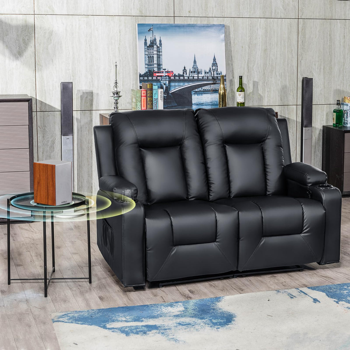 COMHOMA Living Room Furniture Set,Bonded Leather Loveseat Sofa with Cup Holder Recliner Chair,Black COMHOMA
