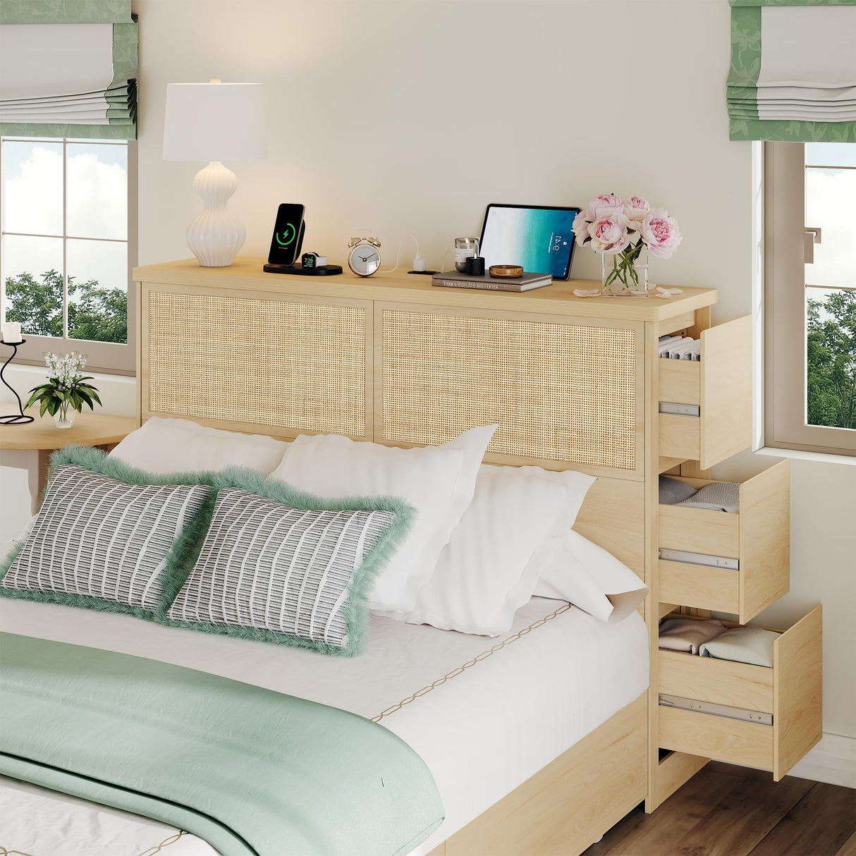 Yechen 48" Natural Rattan Headboard Queen Size with 6 Storage Drawers and Charging Station, Tall Light Wood Boho Queen Headboard Only, Freestanding Wicker Sturdy Frame Wall Headboards, Natural Yechen