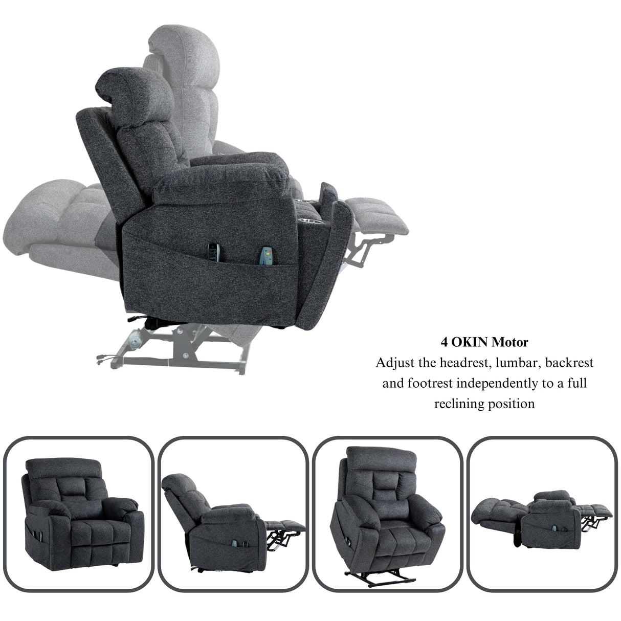 JUUXO 4-Motor Lay Flat Power Lift Recliner Chair with Heat & Massage - Power Adjustable Headrest, Backrest, Lumbar & Legrest - Big Tall Recliners, 4-Point Massage (Seat Heating) JUUXO