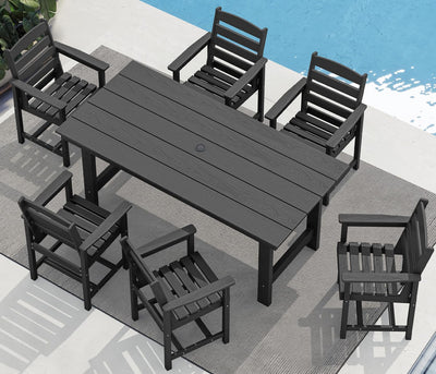 SERWALL 7-Piece Patio Dining Table Sets, Outdoor HDPE Dining Furniture Set with Umbrella Hole Cut-Out Table and 6 Chairs, Black