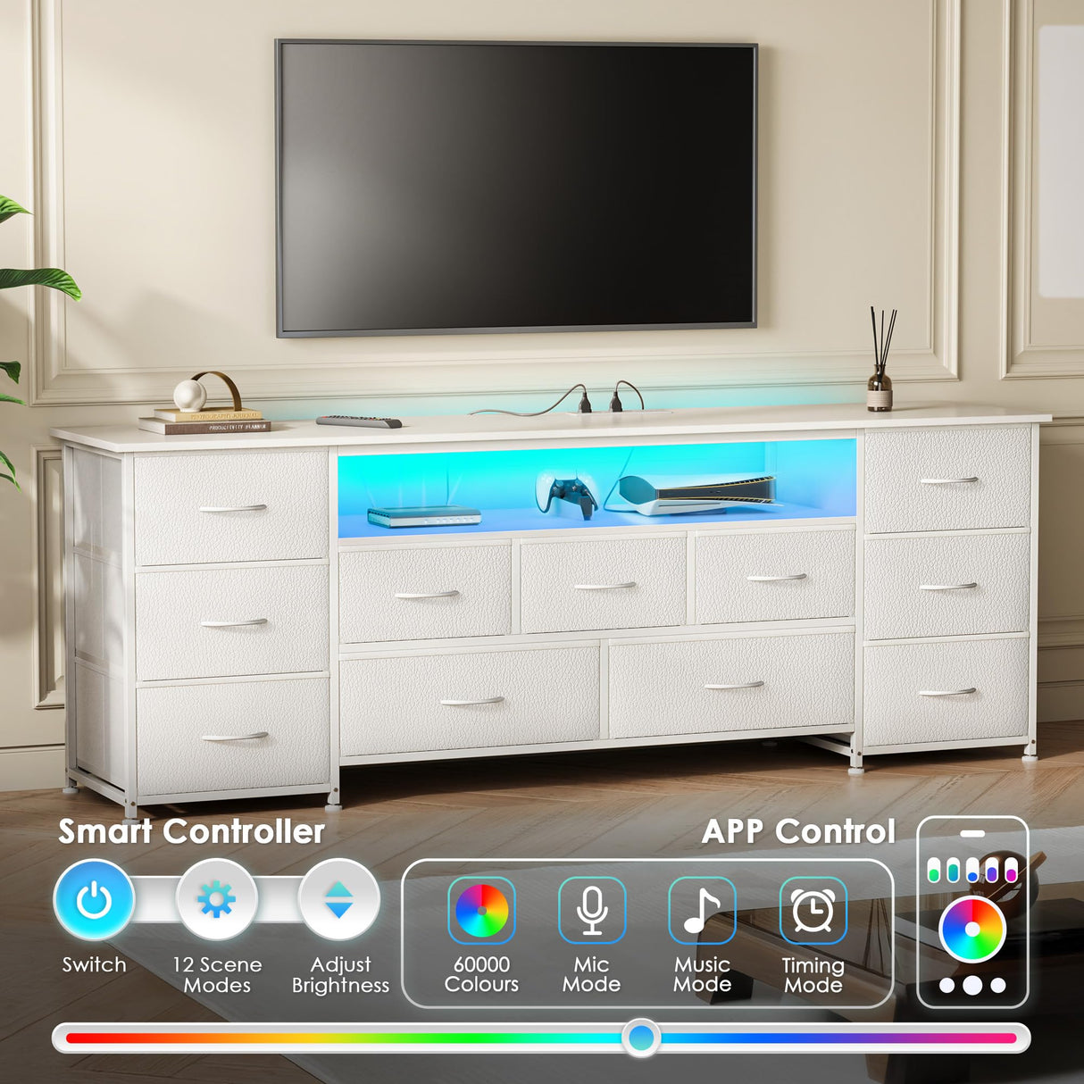 Huuger 63 Inch TV Stand for 65, 70 Inch TV, 11 Drawer Long Dresser with Power Outlets and LED Lights, Entertainment Center with Storage, White Dresser with PU Leather Surface Huuger