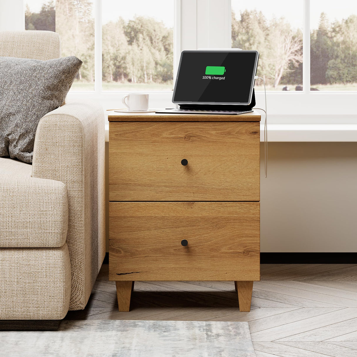 WAMPAT Nightstands with Charging Station&2 Drawers Storage Shelf, Modern End Tables Farmhouse Wood Bedside Table with 2 AC Outlets & USB Ports for Living Room, Bedroom, Oak Brown WAMPAT