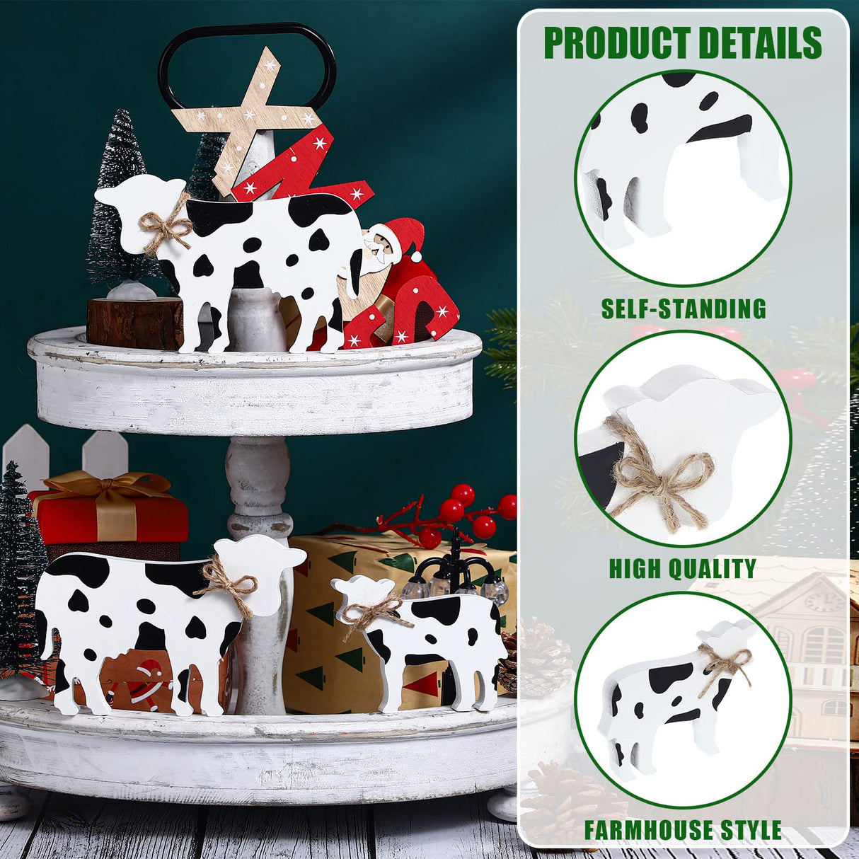 Bucherry 3 Pcs Cow Wooden Table Decor Christmas Tiered Tray Decor Farmhouse Cow Tabletop Rustic Block Centerpiece Cow Table Sign Standing for Home Kitchen Holiday Party Decor(Classic Style) Bucherry
