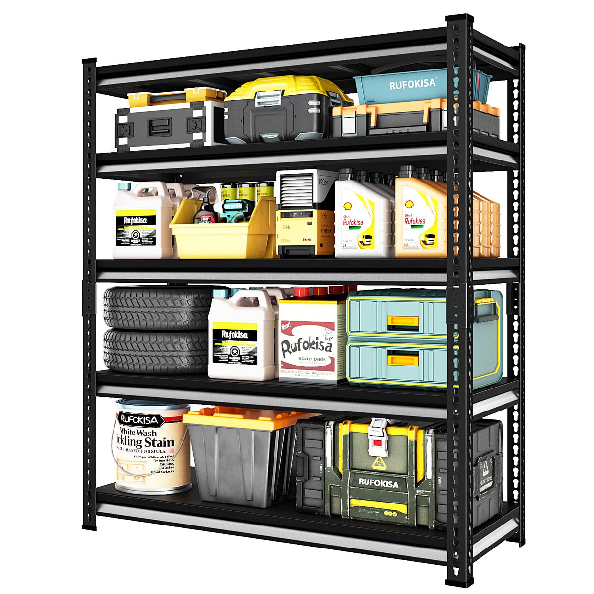 Rufokisa 48" W Garage Shelving Heavy Duty,2500LBS Loads Metal Shelving Units and Storage,5-Tier Garage Storage Shelves Heavy Duty, Industrial Utility Shelves,48”W x 18”D x 78”H(Black) Rufokisa