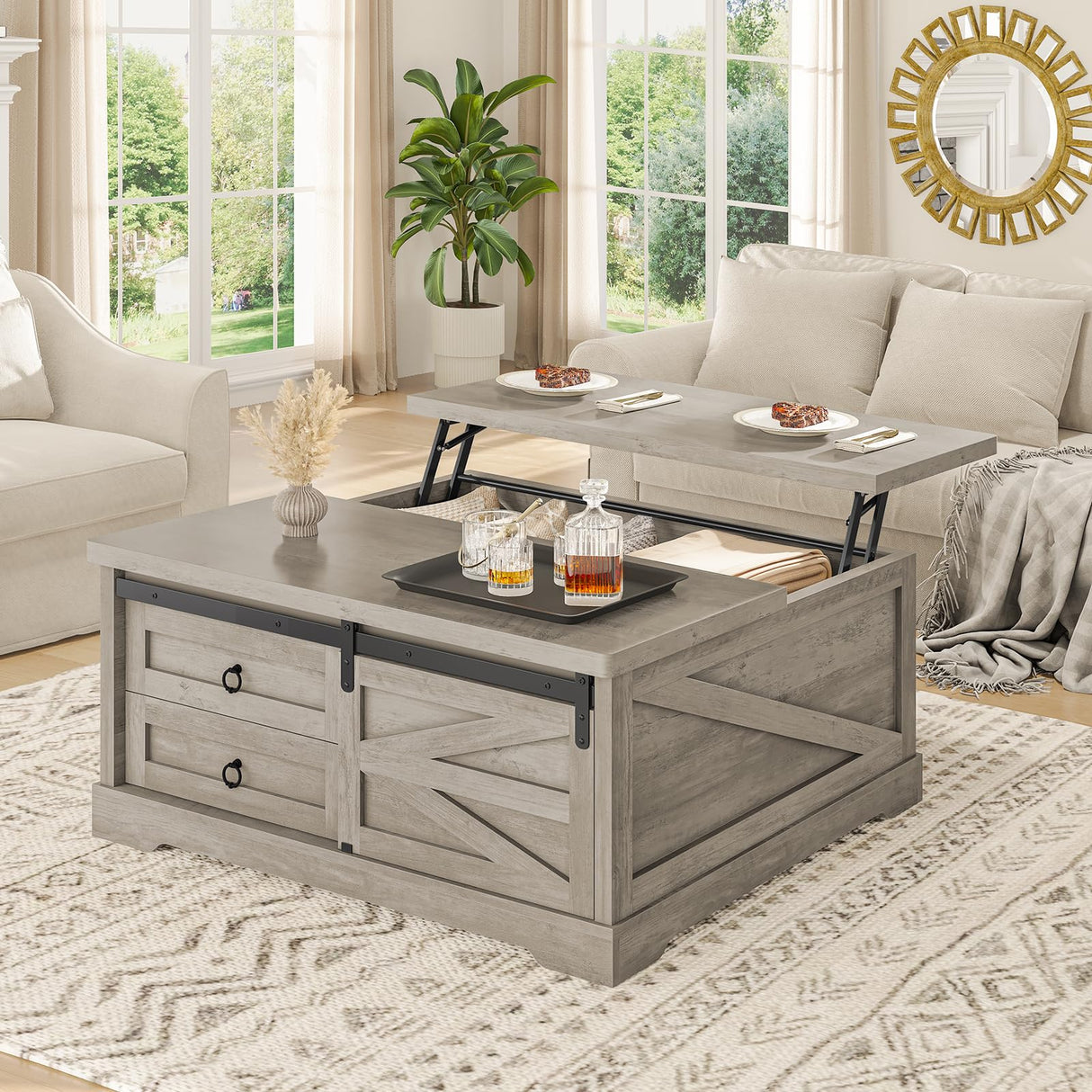 Itaar 39.4'' Lift Top Coffee Table with Storage, Farmhouse Coffee Tables for Living Room, Square Coffee Table with Large Hodden Compartment & 2 Drawrs & Adjustables Shelves (Gray) Itaar