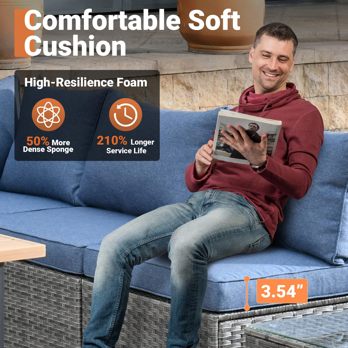 ovios 11 Piece Outdoor Patio Furniture Set with Fire Pit Table,Conversation Sectional Wicker Couch with Swivel Chairs,Modern Outside Sofa for Balcony Backyard (Blue) ovios