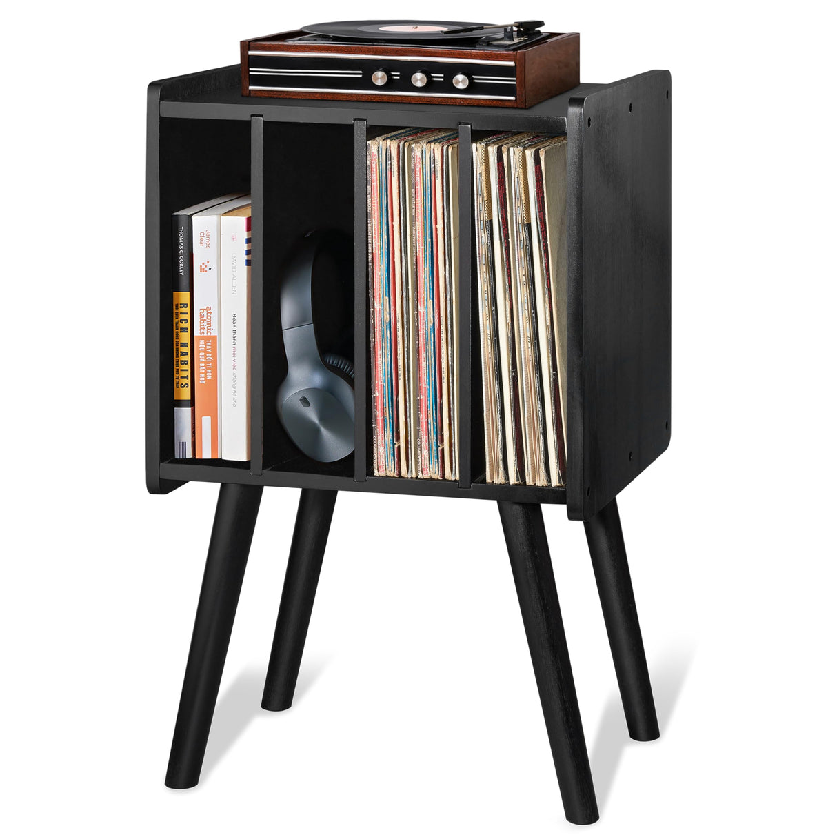 2BHOME Wooden LP Record Player Stand with 4 Cabinets, Holds up to 100 Vinyls, Metal Record Storage Holder and Organizer Table, Classical Design for Files/Book (Mid-Century Modern) 2BHOME