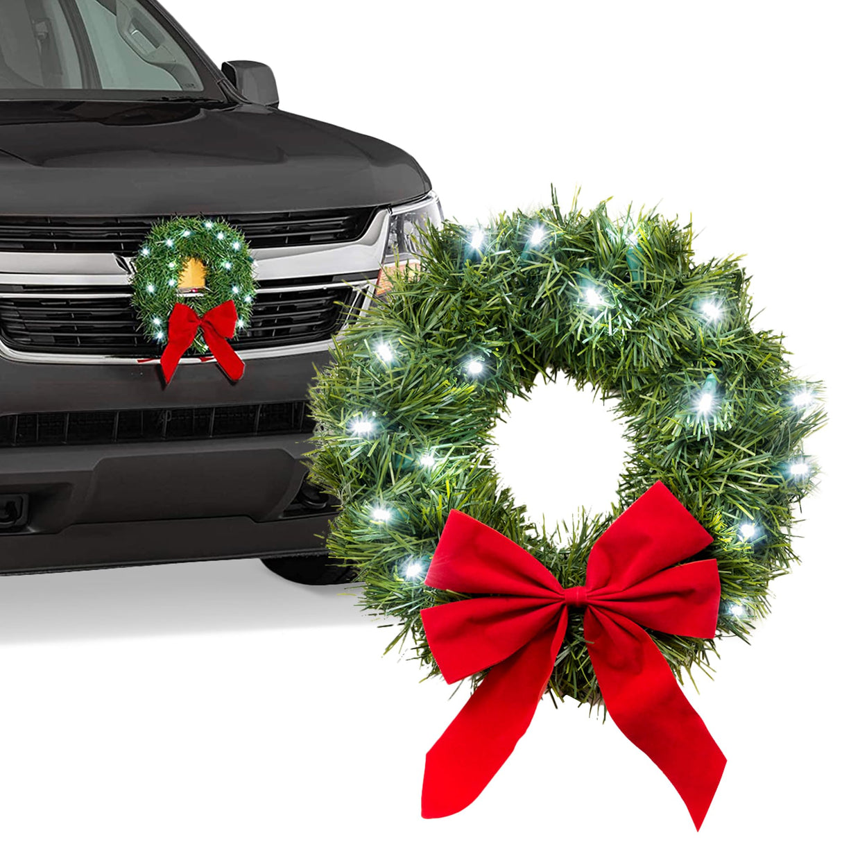 Christmas Car Decoration - Car Christmas Wreath - 2024 Light-Up Christmas Wreath for Car Grill - Fits Jeeps Trucks SUVs RVs Golf Carts and More - 12-Volt Plug-in Wreath Lighting TACTIK