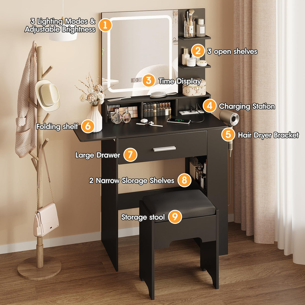 Vabches Makeup Vanity with Mirror and Lights, Small Vanity Desk with with Drawer Lots Storage, Vanity Set with Storage Drawer, Chair and Three Shelves, Black Vabches